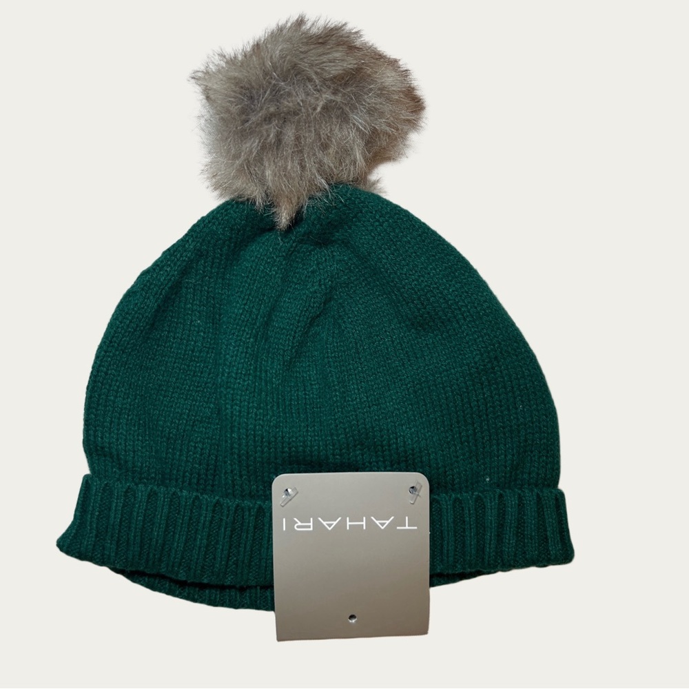 NWT Tahari Kids Forest Green Beanie with Fluffy‎ Faux Fur Pom-Pom OS